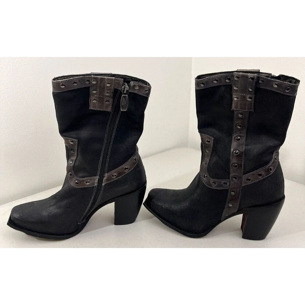 Mark Nason Women’s Black 7 Narrow Rivet Western-Style Boots Chunky Heel, Zip Up